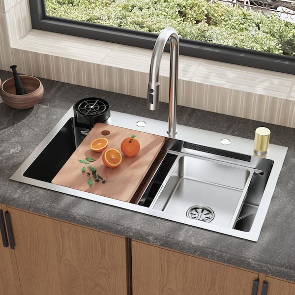30 in. Drop-In Single Bowl Silver 304 Stainless Steel Kitchen Sink w/ Pull-Down Faucet, Cutting Board & Hidden Waterfall