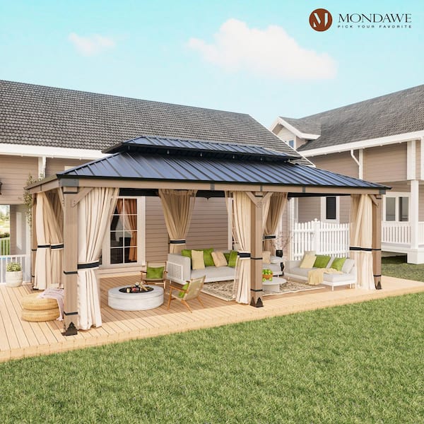 Mondawe Beverly Hills 12 ft. x 20 ft. Cedar Wood Frame Outdoor Galvanized Steel Double Hardtop Gazebo with Netting and Curtains