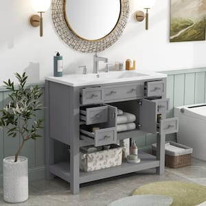 36 in. W x 18 in. D x 34.1 in. H Freestanding Bath Vanity in Gray with White Resin Top, 6 Drawers and Open Shelf