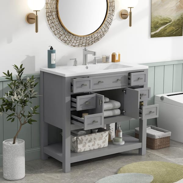 Virubi 36 in. W x 18 in. D x 34.1 in. H Freestanding Bath Vanity in Gray with White Resin Top, 6 Drawers and Open Shelf