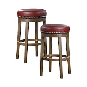 Paran 30 in. Brown Wood Round Swivel Pub Height Stool with Red Faux Leather Seat (Set of 2)