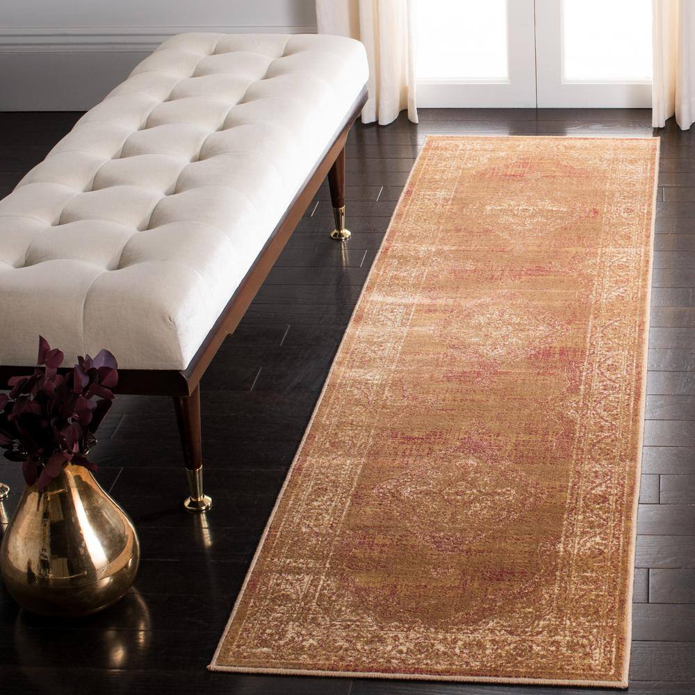 Vintage Taupe Viscose Runner Rug with Medallion Pattern