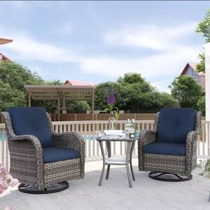 3-Piece Wicker Patio Conversation Set with Blue Cushions All-Weather Swivel Rocking Chairs
