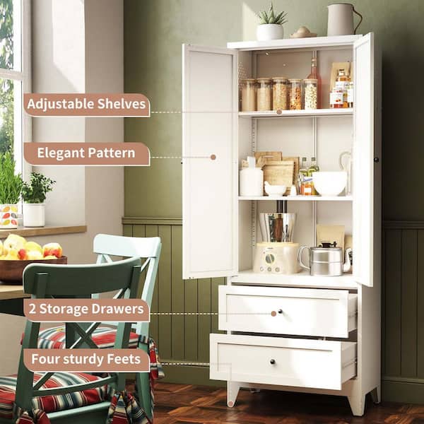 41 Kitchen Pantry Storage Cabinet, Freestanding Kitchen Cabinet with 12 Door Shelves, Double Doors, 5 Tier Shelving and Adjustable Shelves, Painted White