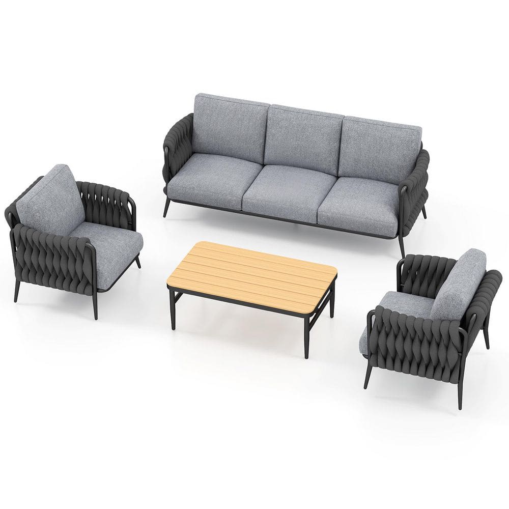 AeroWeave 5 Piece Outdoor Patio Conversation Set with Coffee Table Two Single Chairs One Three Seat Sofa Grey Cushions price history on PriceWatchPro