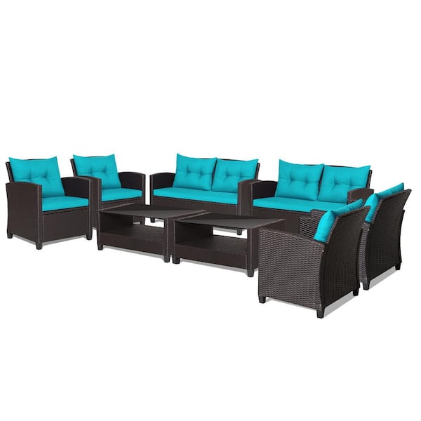 Gymax 8-Piece Outdoor Conversation Set Patio PE Rattan Set with Glass Table and Sofa Cushions Turquoise
