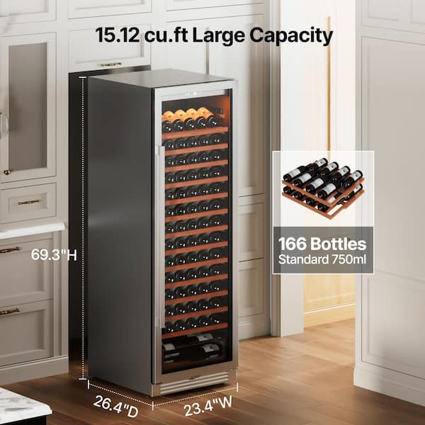 24 in. Single Zone 166-Bottle Built-In Wine Cooler Fridge Wine Refrigerator in Stainless Steel