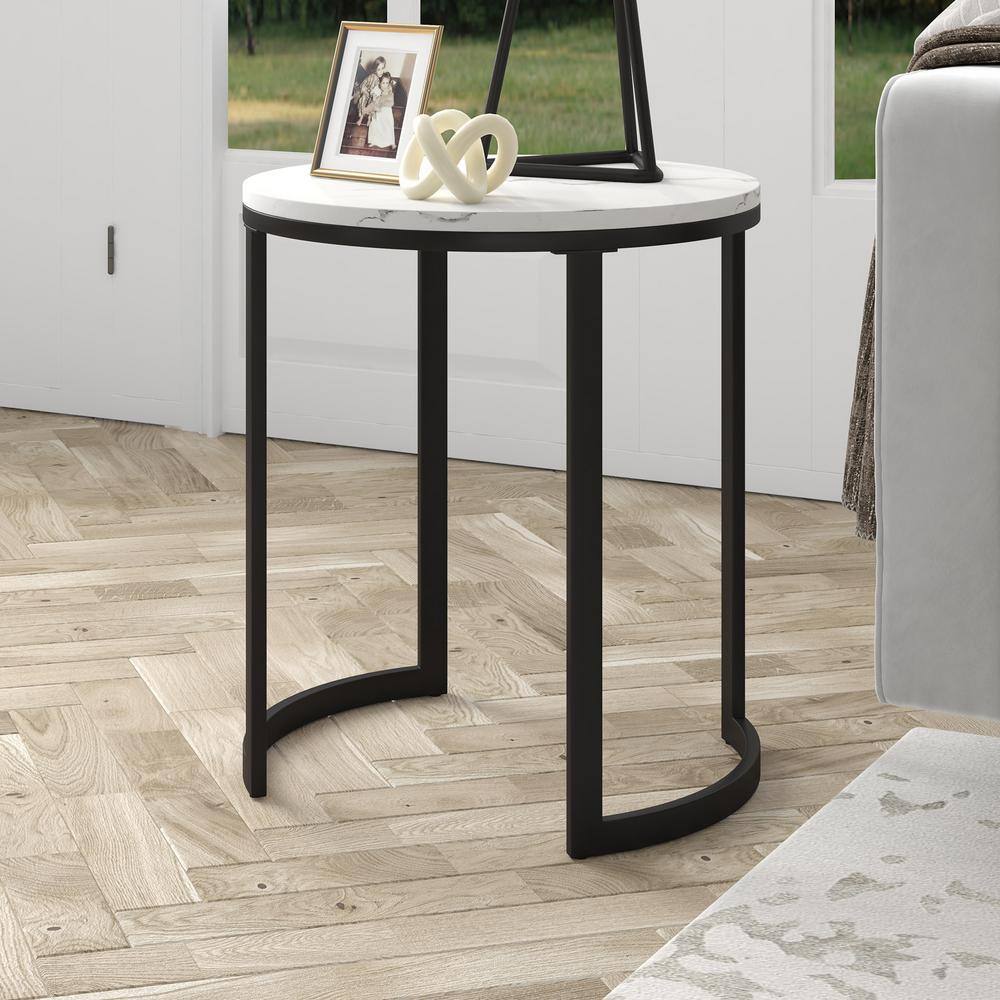 Modern Geometric 20" Round Metal Side Table with Faux Marble Top