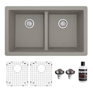 QU-810 Quartz/Granite 32 in. Double Bowl 50/50 Undermount Kitchen Sink in Concrete with Bottom Grid and Strainer
