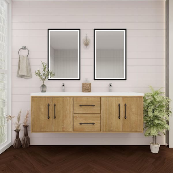 Victoria 59 in. W x 20 in. D x 22 in. H Double Sink Floating Bath Vanity in Oak with White Acrylic Top