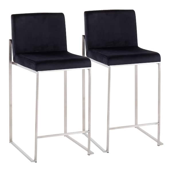 Lumisource Fuji 35.5 in. Black Velvet and Stainless Steel High Back Counter Height Bar Stool (Set of 2)