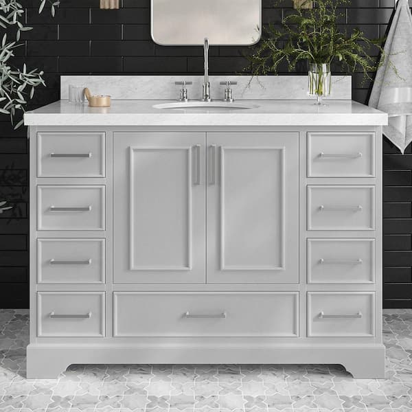 ARIEL Stafford 49 in. W x 22 in. D x 36 in. H Single Sink Freestanding Bath Vanity in Grey with Carrara White Marble Top