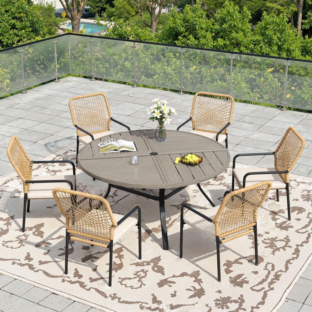 7-Piece Metal Outdoor Dining Set with 47.2 in. Gray Wood-Like Round Table and 6-Woven Rattan Chairs with Beige Cushions price history on PriceWatchPro