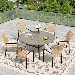 6 seat outdoor patio set with umbrella under 300 Vongrasig Pieces Folding Dining Set, All Weather Small Metal Table and Chair Set, Garden Patio Furniture w/Umbrella, Glass Table & 4 Folding Chairs for Lawn, Backyard, Silver Features a black textilene fabric upholstered seat and back Has an integrated arms and footrest Has a weight capacity of 286 pounds Lightweight design and fully assembled Has a black powder SERWALL 8-Pc HDPE Dining Set,