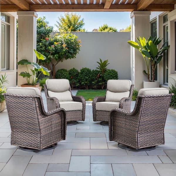 Arcadia Brown Wicker Outdoor Rocking Chair Patio Swivel Glider with 6 in. Thick Beige Box-Edge Cushions (4-Pack)