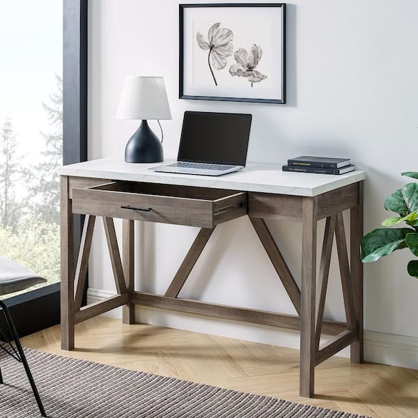 1 Drawer Farmhouse Writing Desk, Modern White Writing Desk With Drawer Shelf Wood Top Metal Frame