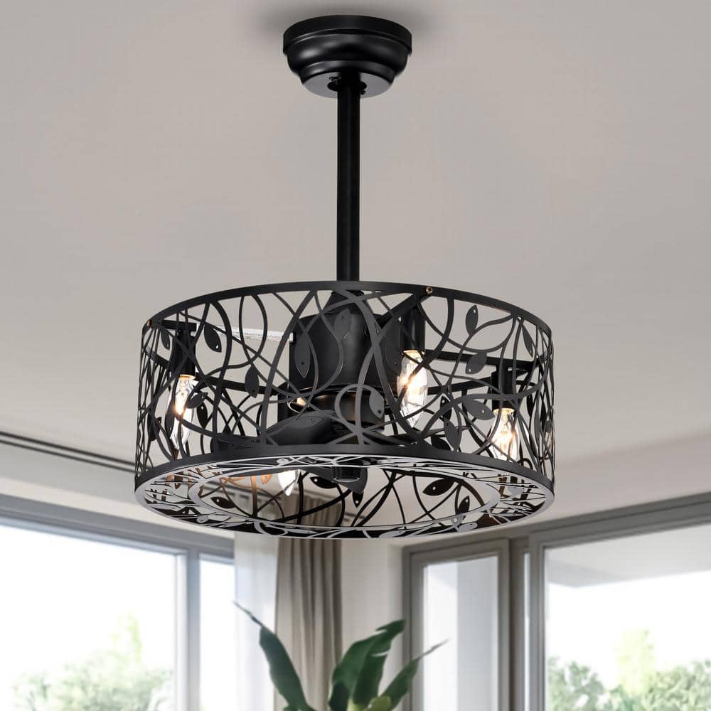 18" Matte Black Caged Ceiling Fan with Remote and Light
