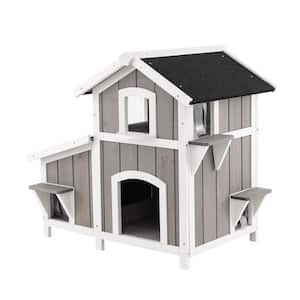 Outdoor Wooden Cat House with Big Balcony,Slide and Waterproof Roof