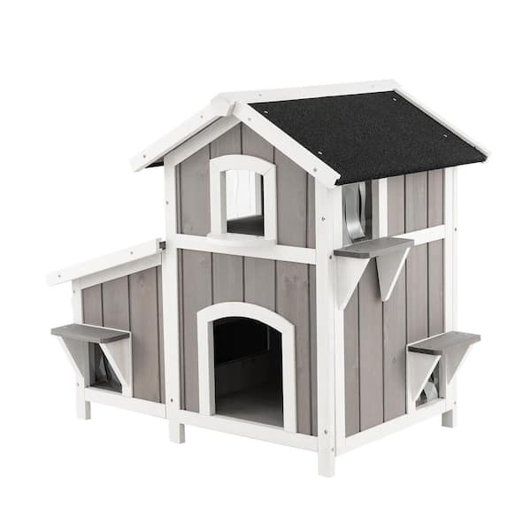 FORCLOVER Outdoor Wooden Cat House with Big Balcony,Slide and Waterproof Roof