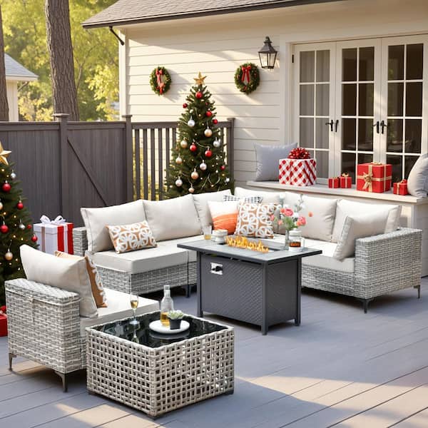 HOOOWOOO Howell 8-Piece Wicker Outdoor Patio Conversation Sofa Furniture Set with a Metal Fire Pit and Beige Cushions