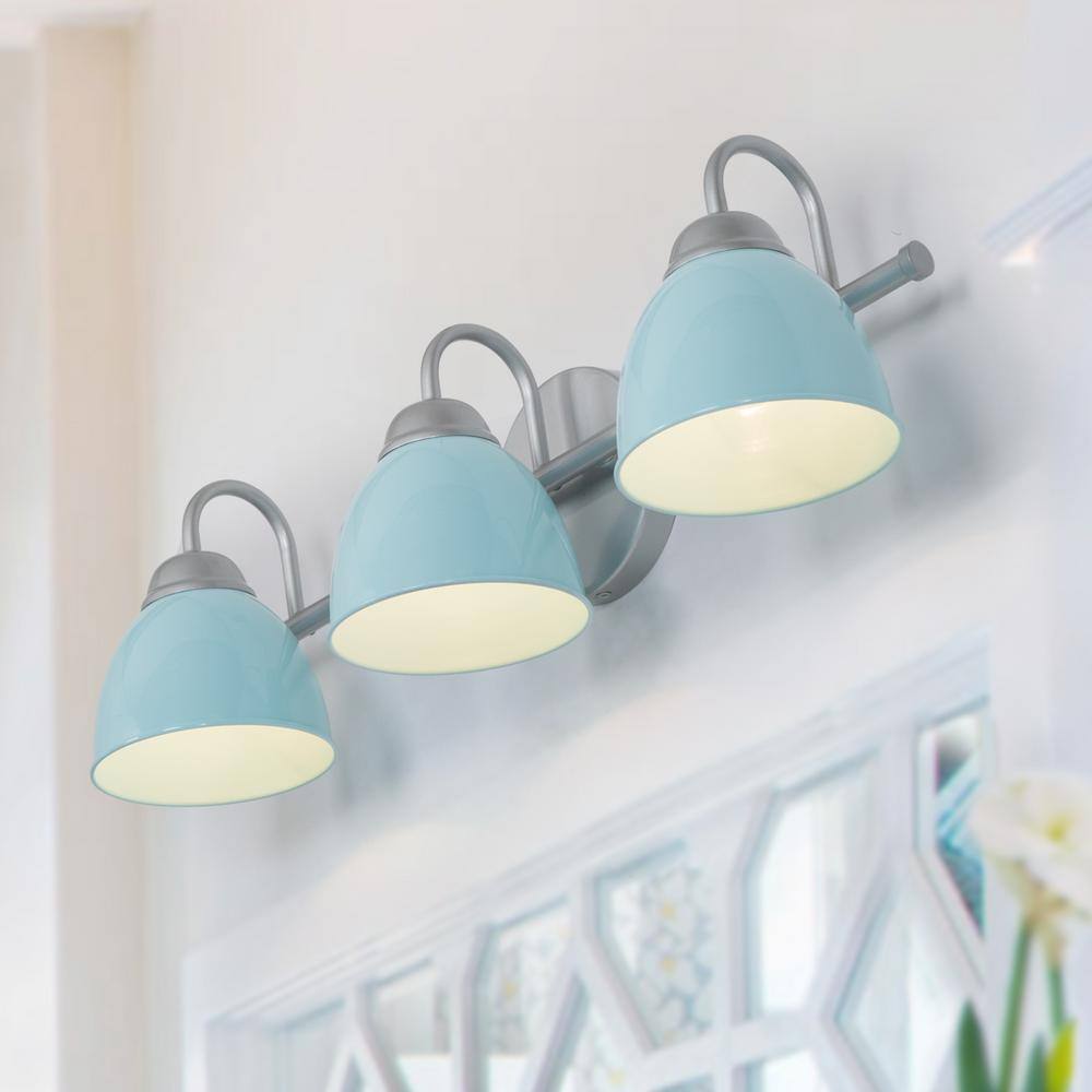 LNC 3-Light Blue Bathroom Vanity Light with Metal Shade Brushed Silver ...