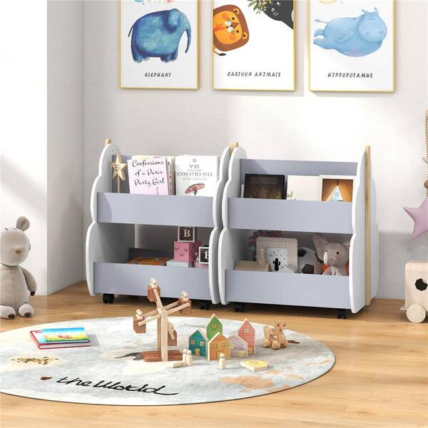 Costway Grey Kids Wooden Bookshelf w/Wheels 2-Tier Toy - Main Image