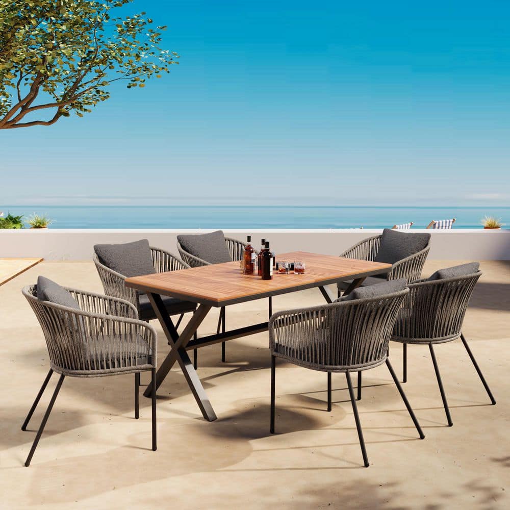 7-Piece Wood Outdoor Dining Set with Gray Cushion with Dining Table and Cha
