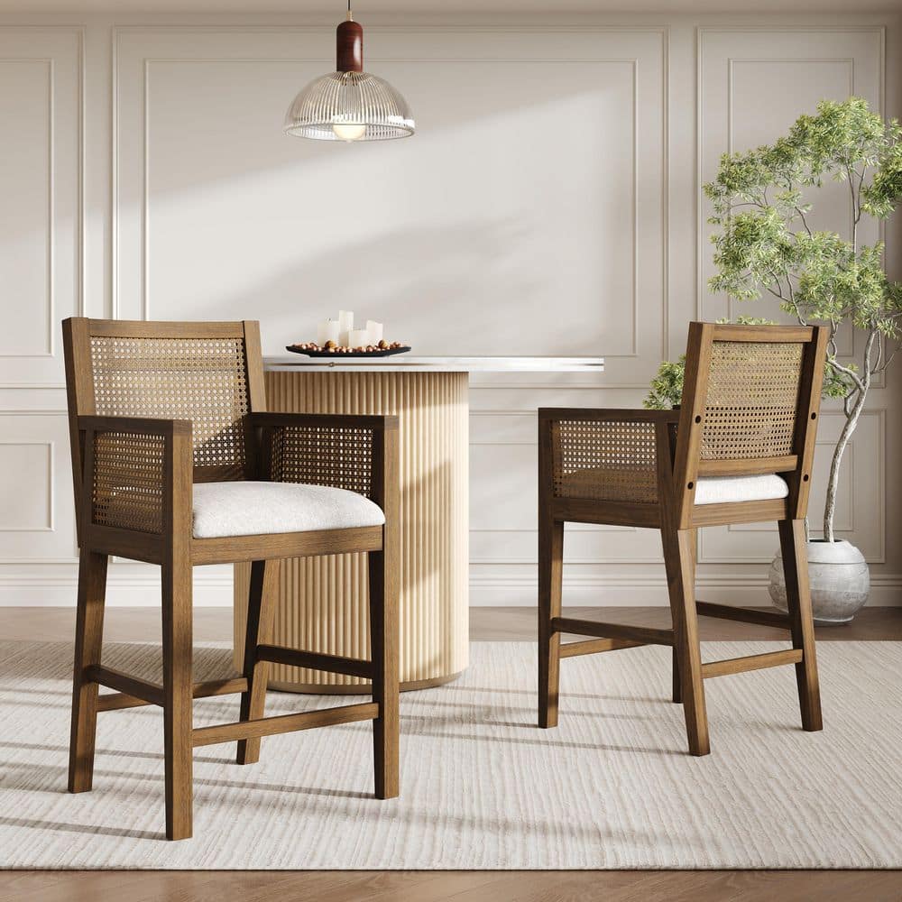 40 in. H Brown Rattan Back Rubber Wood Bar Stool with Gray Fabric Seat Crossbars (Set of 2) price history on PriceWatchPro