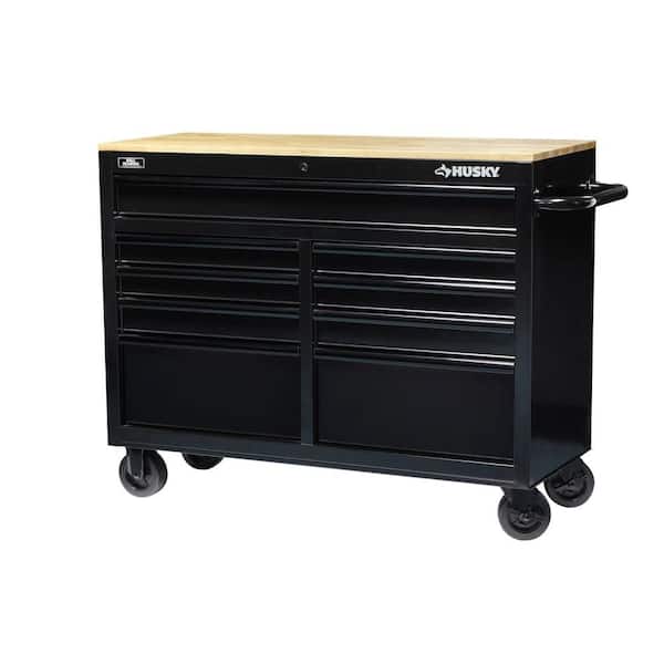 Husky 46 in. 9-Drawer Black Out Mobile Workbench with Solid Wood Top