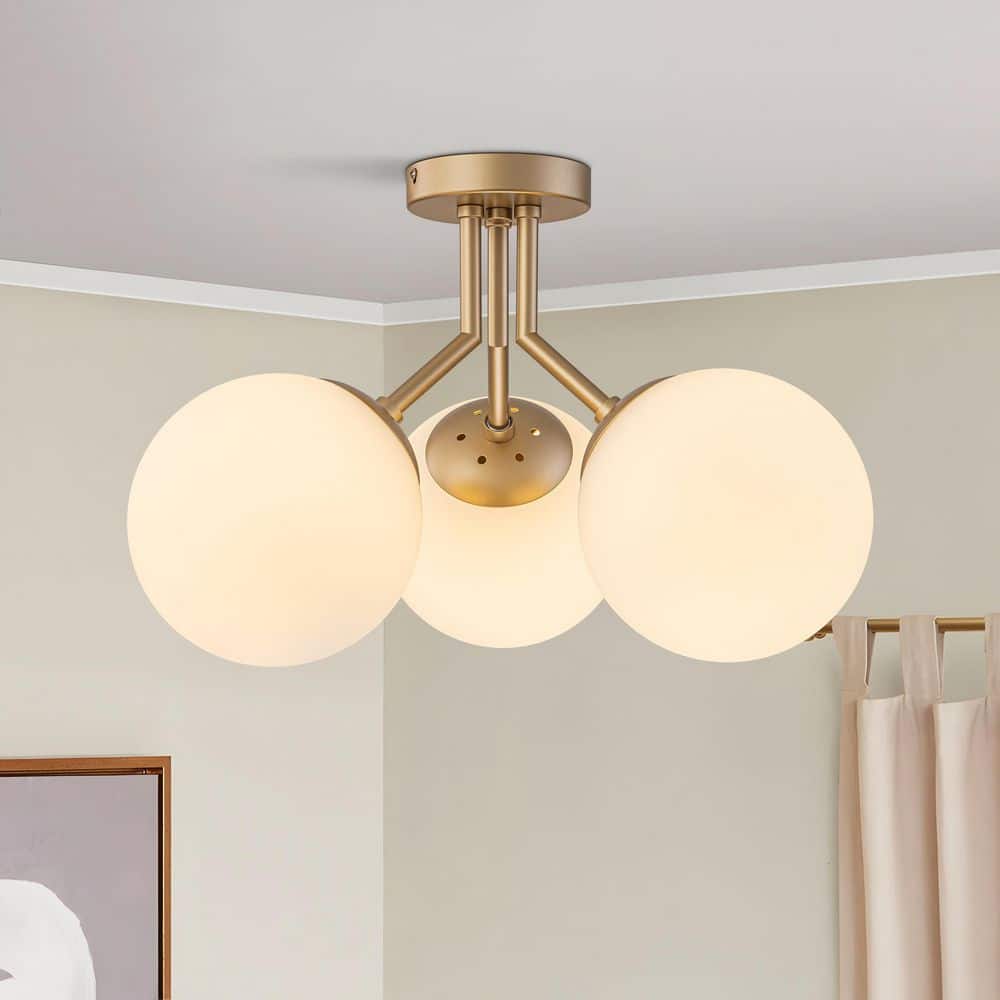 18.9 in. 3-Light Modern Gold Semi Flush Mount Ceiling Light with White Glass Globes for Bedroom Living Room Hallway price history on PriceWatchPro