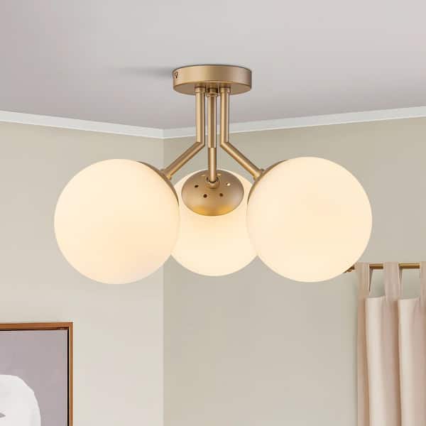 18.9 in. 3-Light Modern Gold Semi Flush Mount Ceiling Light with White Glass Globes for Bedroom Living Room Hallway