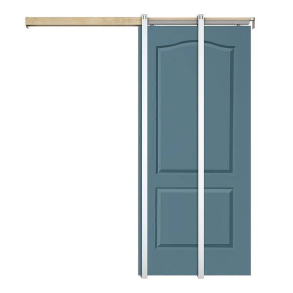 CALHOME 36 in. x 80 in. Dignity Blue Painted Composite MDF 2PANEL Arch Top Sliding Door with Pocket Door Frame and Hardware Kit