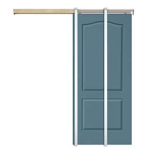 36 in. x 80 in. Dignity Blue Painted Composite MDF 2PANEL Arch Top Sliding Door with Pocket Door Frame and Hardware Kit
