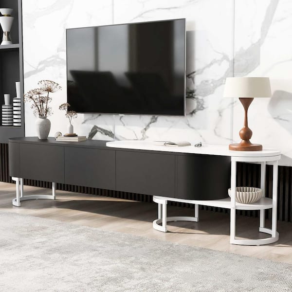 Polibi Black White TV Stand Fits TV's up to 75 in. with 3 Drawers, Metal Adjustable Legs