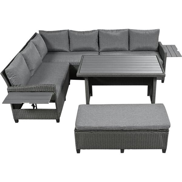 Zeus & Ruta 5-Piece Gray Wicker Outdoor Sectional Set with Gray Cushions, 2 Extendable Side Tables, Dining Table for Backyard