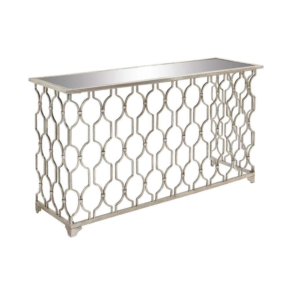Silver Metal Console Table with Mirrored Glass Top and Trellis Pattern