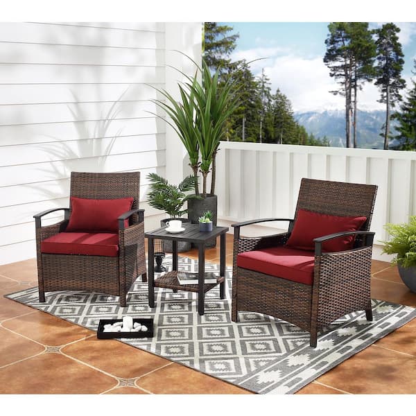 Hand-woven Durable Synthetic Resin Rattan 3-Piece Wicker Outdoor Bistro Set with Burgundy Cushions