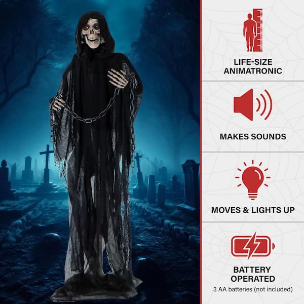 5.4 ft. Animatronic Grim Reaper with Chain and Rotating Head, Indoor or Covered Outdoor Halloween Decoration