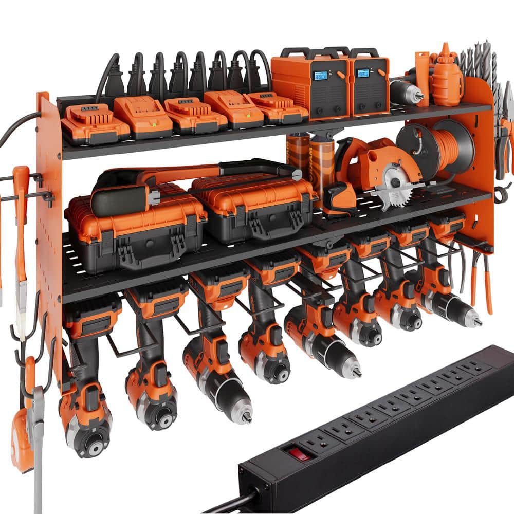 Power Tool Organizer- 8 Drill Wall Mount with Charging Station, Orange