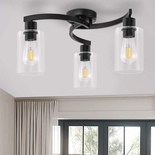 16.5 In. 3-Light Matte Black Semi-Flush Mount Lighting with Clear Glass and No Bulbs Included 1-Pack