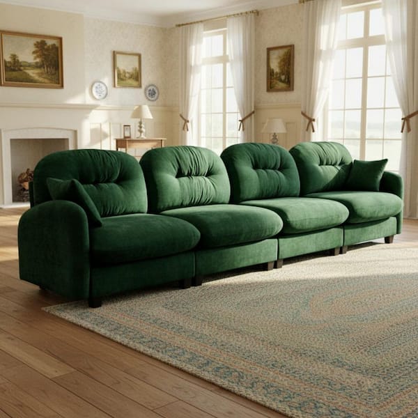 PMOB 140 in. Round Arm 4-piece Chenille Modular Tufted Backrest Sectional Sofa in Emerald Green
