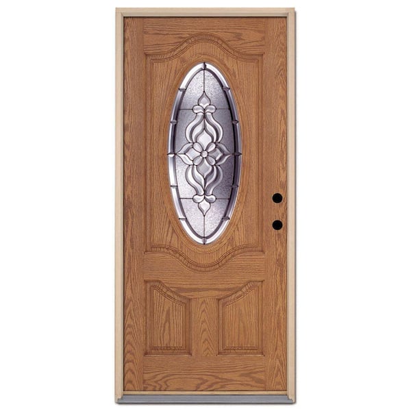 Feather River Doors 37.5 in. x 81.625 in. Lakewood Zinc 3/4 Oval Lite Stained Medium Oak Fiberglass Prehung Front Door