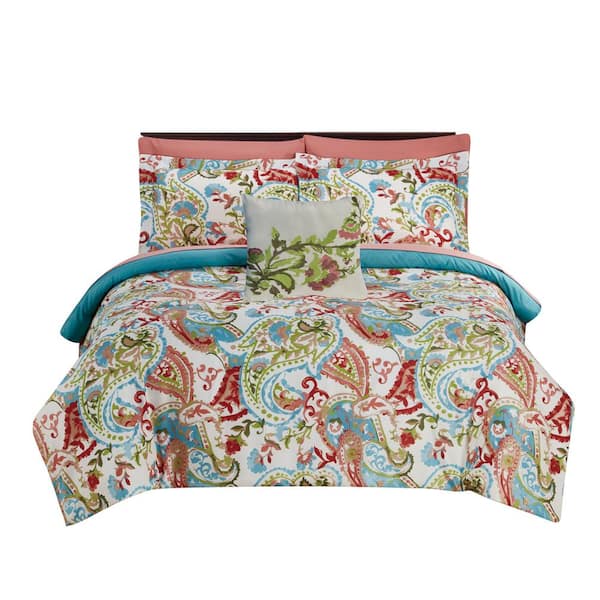 Benjara Caen 8-Piece Multicolor Polyester Printed Reversible Full Size Comforter Set