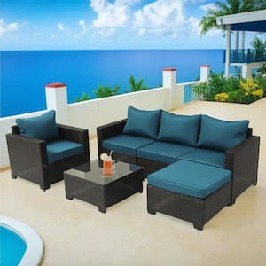 6-Piece Wicker Outdoor Patio Conversation Seating Set with Peacock Blue Cushions