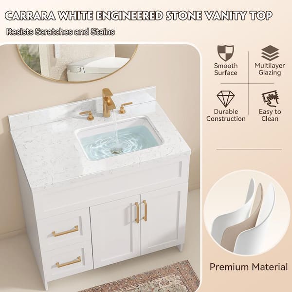 Zeafive CTK 36 in. W x 22 in. D Engineered Stone White Rectangular