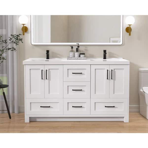 NTQ 60 in. W x 22 in. D x 36 in. H Bathroom Vanity Cabinet Double Sink Freestanding Bath Vanity White with White Resin Top