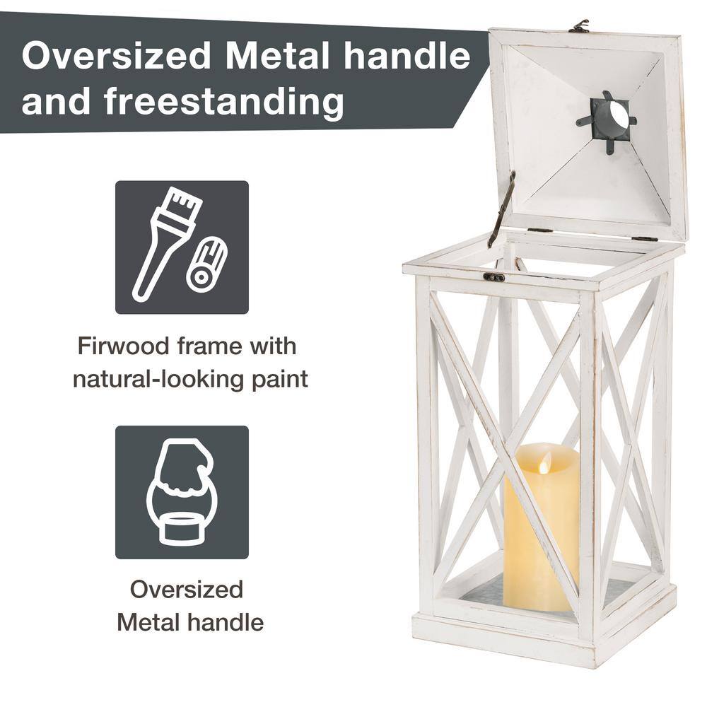 Set of 2 White Wooden Tabletop Candle Lanterns with Metal Top