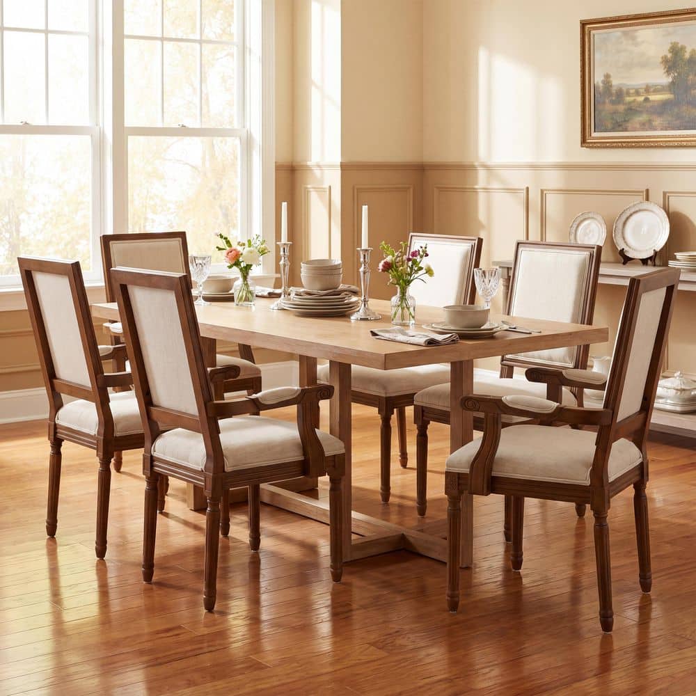 Ruth 7-Piece Wood Top Dining Set with Beige and Walnut Fabric Upholstered Dining Chairs, Natural Dining Table, Seats 6