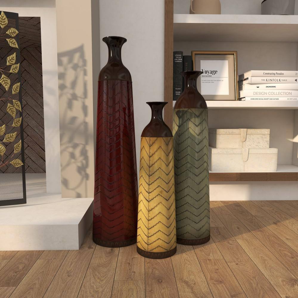 Tall Multi-Colored Metal Floor Vases with Chevron Pattern, Set of 3