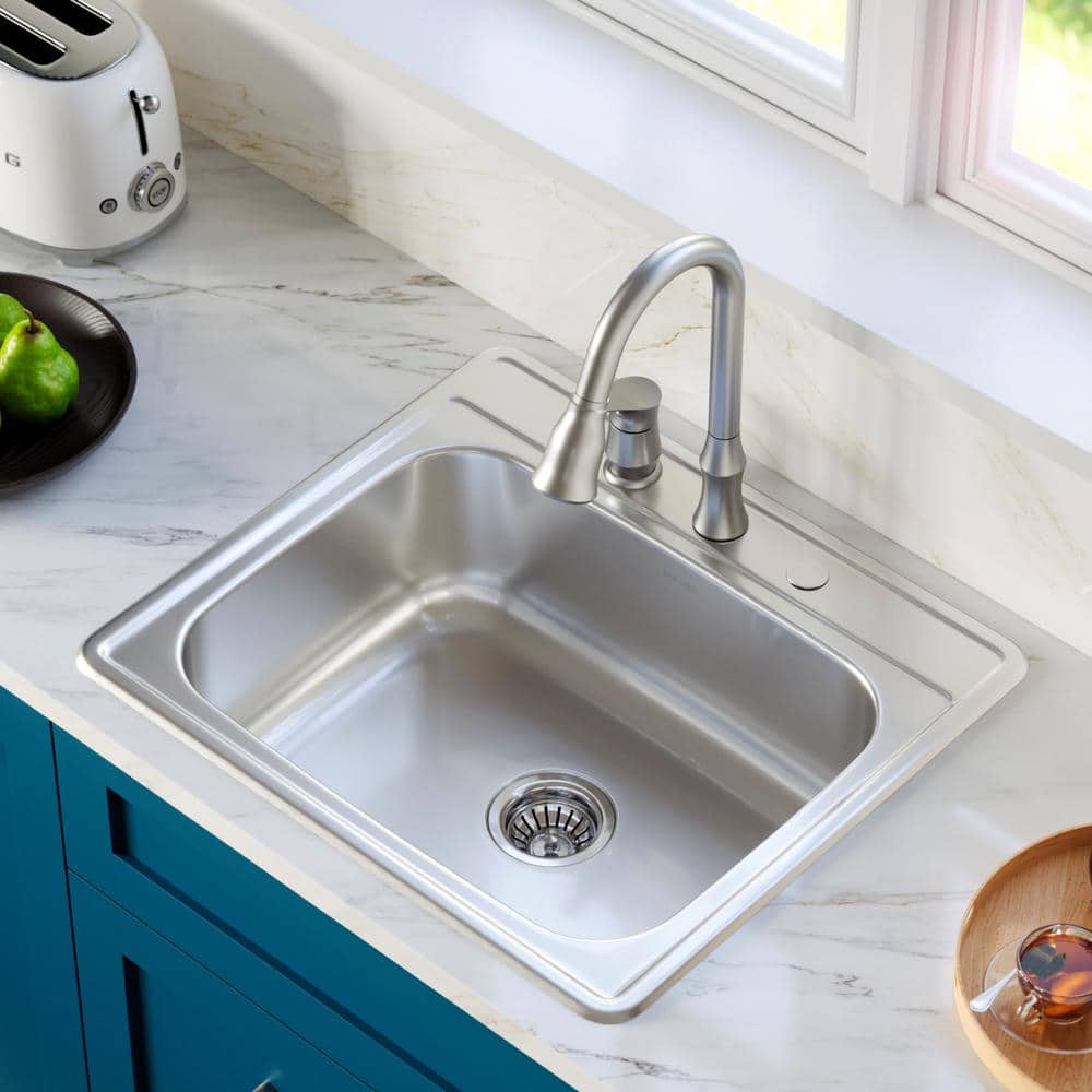 Karran 25" Satin Brushed Stainless Steel Single Bowl Kitchen Sink Kit